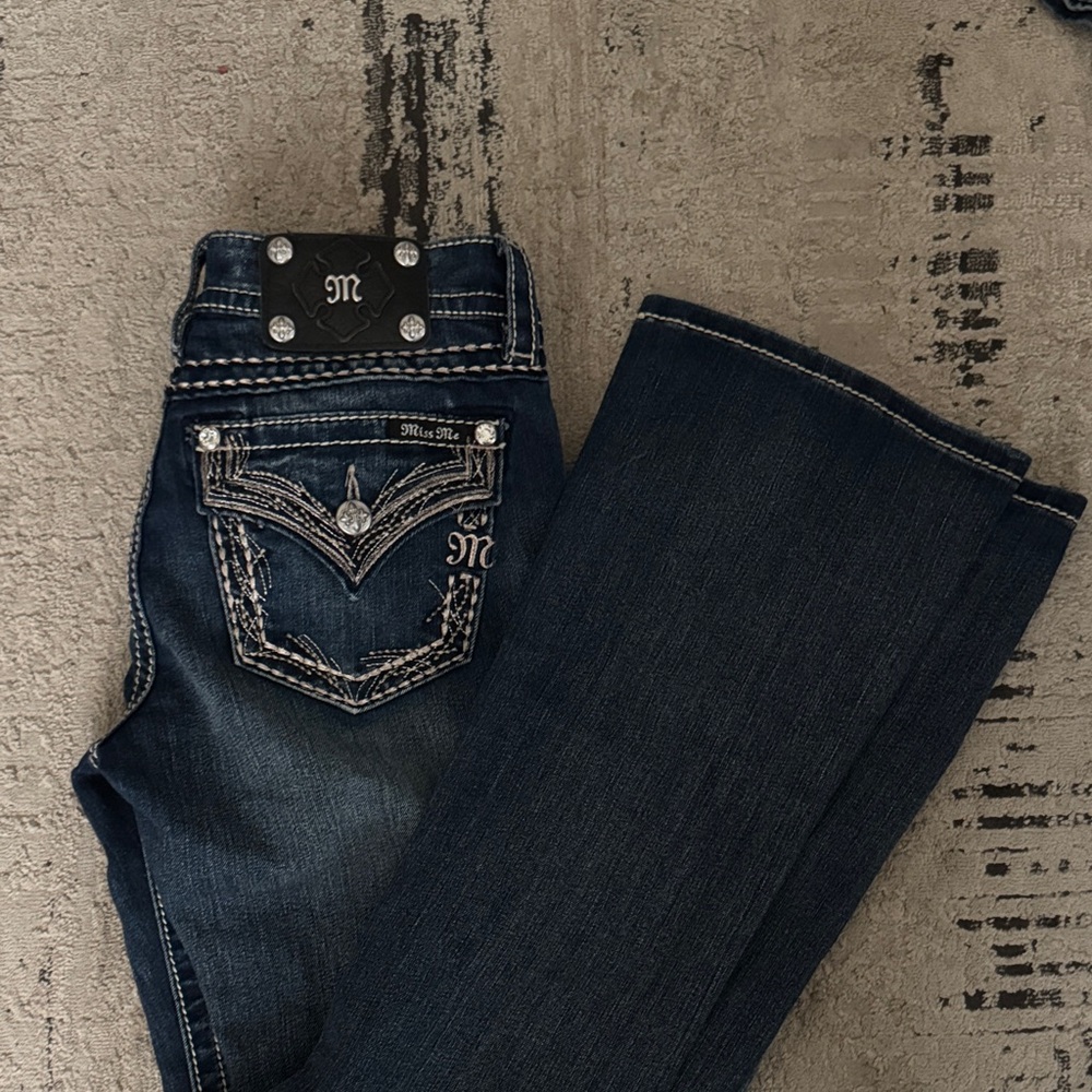 Miss Me Dark Blue Flare Jeans with Embellished Pockets